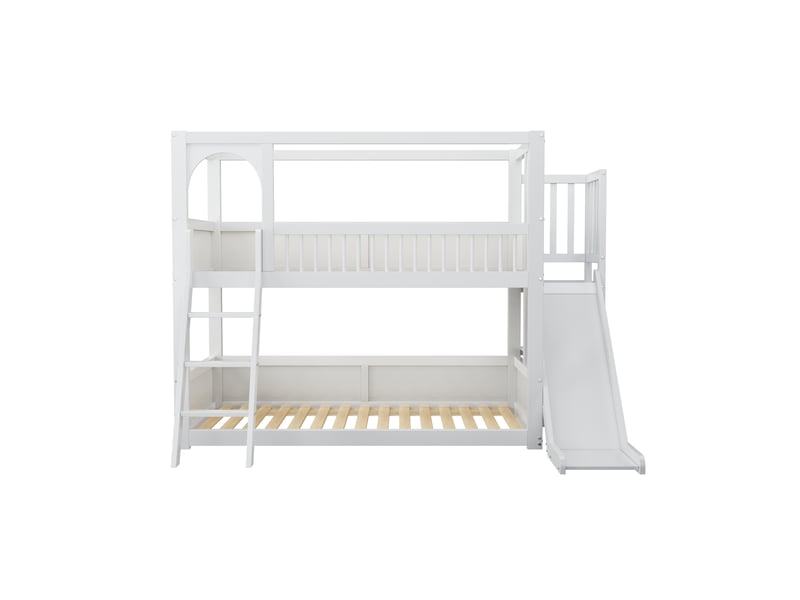 Lit superposé enfant simple 90×200 cm avec étagères et toboggan - sans matelas, pin - blanc  - Conforama C