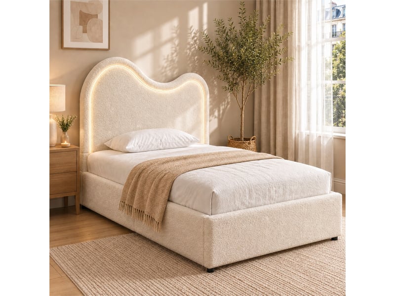 Lit coffre hydraulique 90 x 200 cm, lit enfant avec tête de lit rembourrée et led, sommier à lattes, bouclé blanc - Conforama B