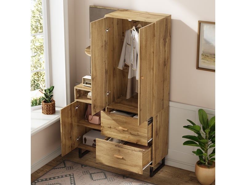  Armoire d'entrée 110x38x186 cm - vestiaire avec panneau rembourré, penderie, 2 tiroirs, rangement chaussures  - Conforama E