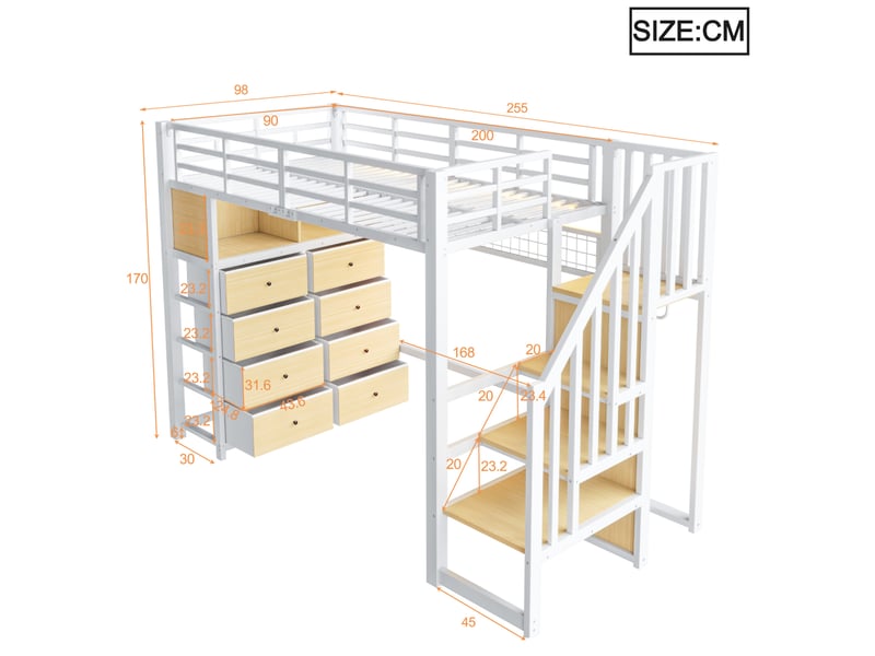  Haut lit 90x200 cmavec 8 tiroirs, led, rangements, escalier intégré, garde-corps, métal mdf, blanc sans matelas  - Conforama C