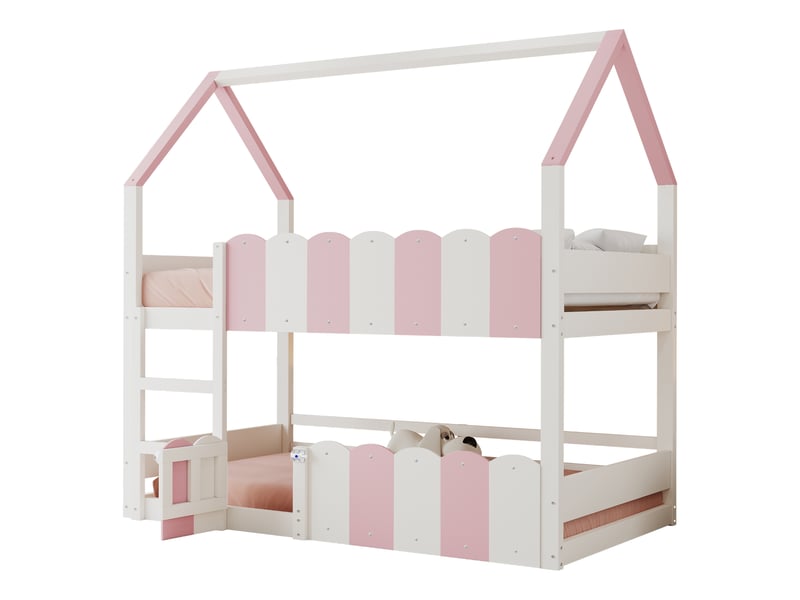  Lit superposé enfant 90 x 200 cm en forme de maison, sommier supérieur et garde-corps hauts, pour fille et garçon, rose  - Conforama A