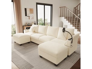 Canapé panoramique en u convertible modulable velours côtelé beige 5-6 places avec port usb