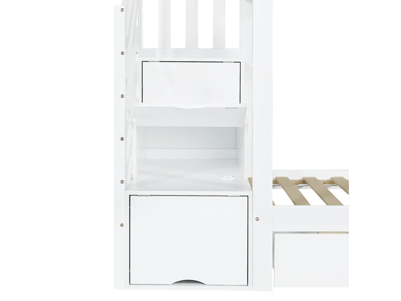  Lit superposé enfant 90x200 cm avec toboggan, escalier de rangement, tiroirs, bois et mdf blanc sans matelas  - Conforama E