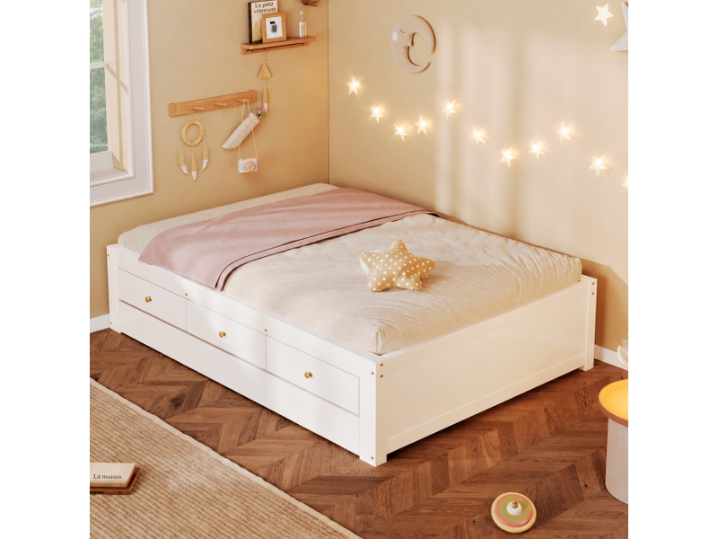  Lit gigogne blanc en bois avec 3 tiroirs et lit d’appoint, structure en mdf et pin, couchage 90 x 200 cm  - Conforama B