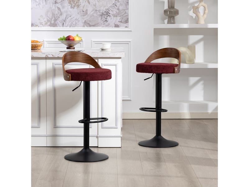  Tabourets de bar pivotants 360° lot de 2 rouge vin avec dossier bois noyer et siège pu réglable en hauteur  - Conforama B
