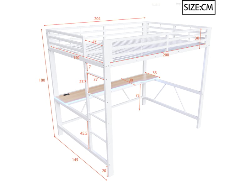 Lit mezzanine gamer 140x200 cm en métal avec bureau, led et usb, blanc - Conforama C