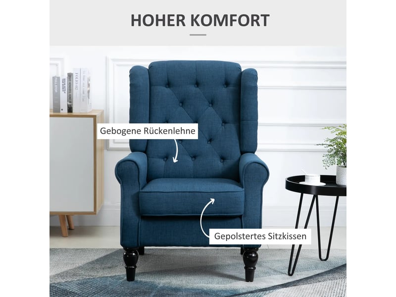 Fauteuil de salon, fauteuil lounge – bleu, avec accoudoirs, pieds bois  - Conforama E