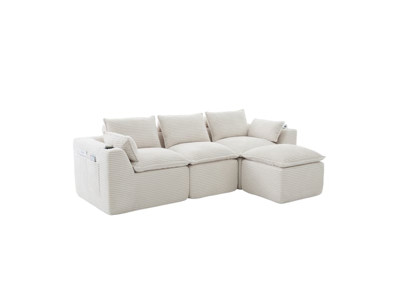  Canapé modulable 3 places modenvie avec pouf, coussins, porte-gobelets et poches latérales en velours côtelé beige  - Conforama A