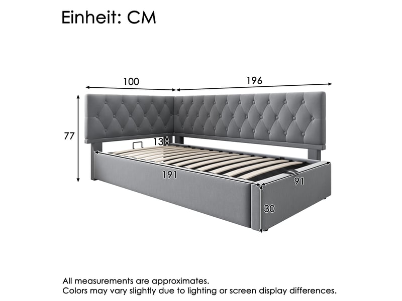  Lit de jour 90x190 cm avec rangement hydraulique et sommier à lattes en bois gris sans matelas  - Conforama C
