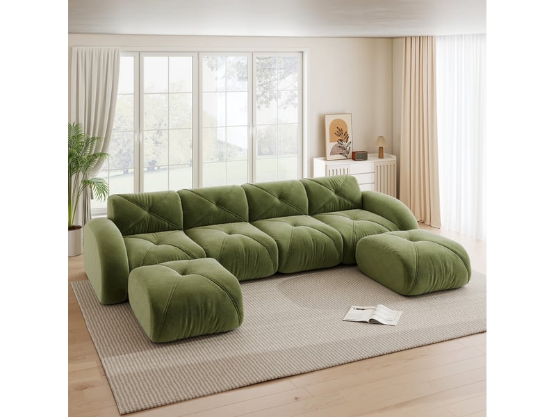  Canapé modulable en u panoramique 358x171x76 cm 4 places, sans montage, tendre, 2 poufs, revêtement en chenille, vert  - Conforama B