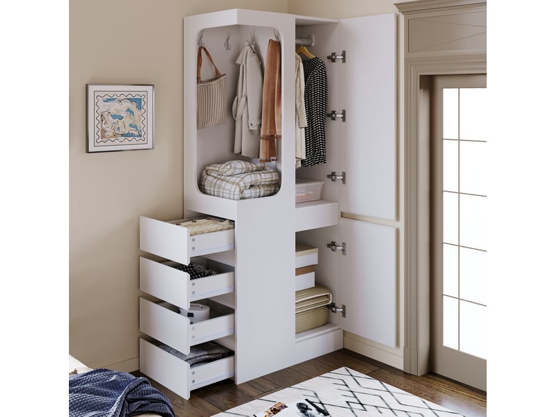  Armoire enfant 70x40x170 cm, 4 tiroirs, 1 compartiment ouvert, penderie, 2 portes, pin, mdf, meubles de chambre, blanc  - Conforama B