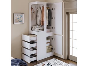 Armoire enfant 70x40x170 cm, 4 tiroirs, 1 compartiment ouvert, penderie, 2 portes, pin, mdf, meubles de chambre, blanc