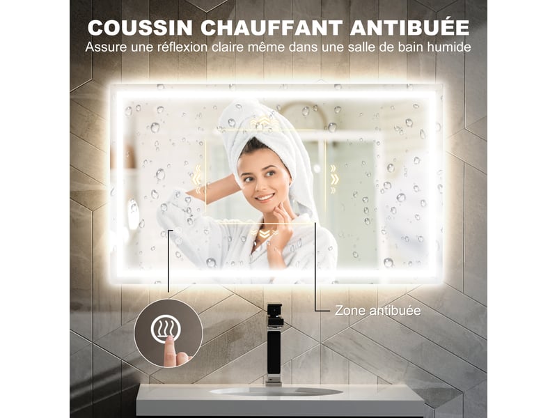  Miroir salle de bain éclairage led miroir lumineux salle de bain mural interrupteur tactile lumière 3 couleurs 100 x 60 cm  - Conforama E
