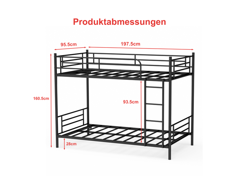 Lit superposé 90 × 190 cm 2 places avec échelle et barrières de sécurité, sans matelas, en acier noir  - Conforama D