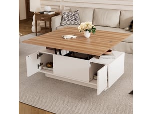 Table basse relevable avec 2 plateaux relevables et 2 portes, rangement caché, pour salon, en panneaux de particules, 100 × 50 × 55 cm, blanc - uvrion