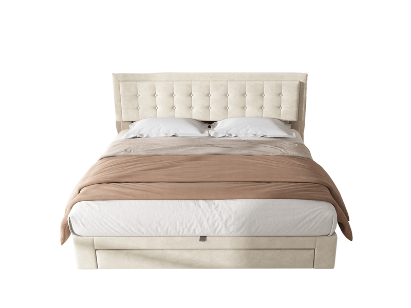 Lit coffre avec tiroirs velours rembourré sommier lattes double grand rangement 160x200cm beige  - Conforama E