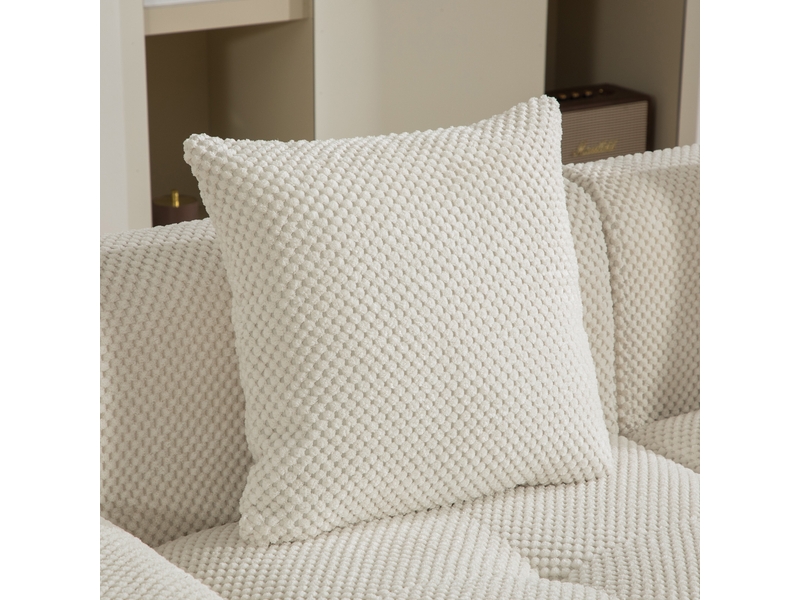 Canapé d'angle modulable 3 places en chenille beige, 266 x 176 x 75 cm, méridienne gauche, sans montage, livré compressé, coussins inclus, mousse 30d CARDUME ESTIVAL - Conforama E