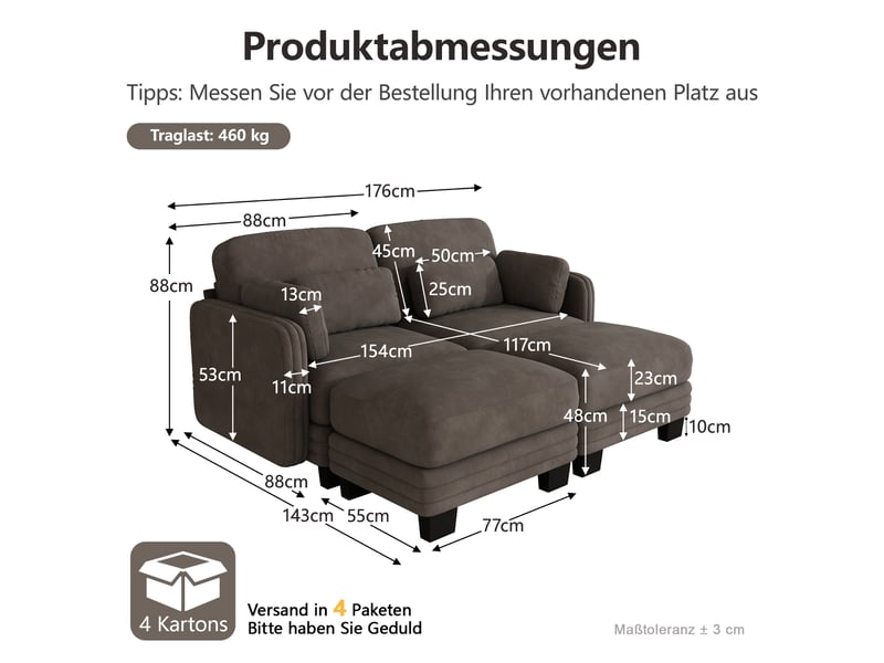 Canapé 2 places en chenille marron, canapé modulable en u avec deux poufs, assise profonde pour salon moderne - Conforama B