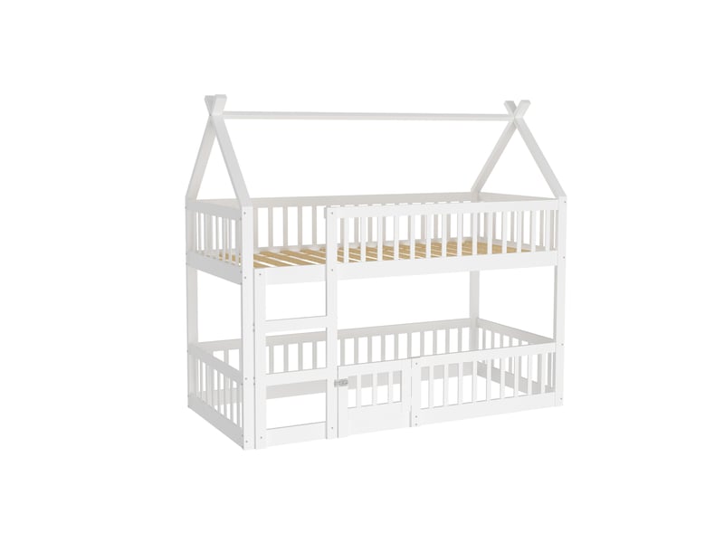 Lit superposé enfant 90x200 cm avec toit, en bois blanc sans matelas - Conforama A