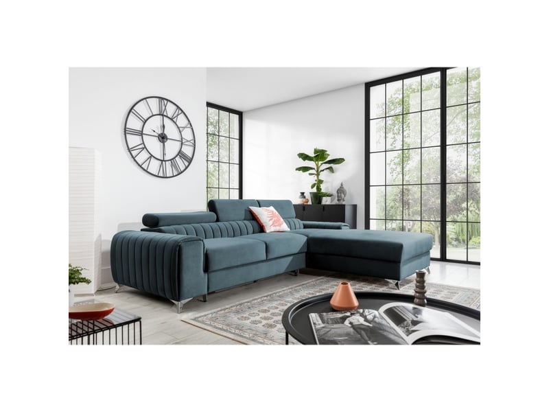 Canapé d'angle droit bleu canard convertible 3 places jayson couchage spacieux - Conforama E