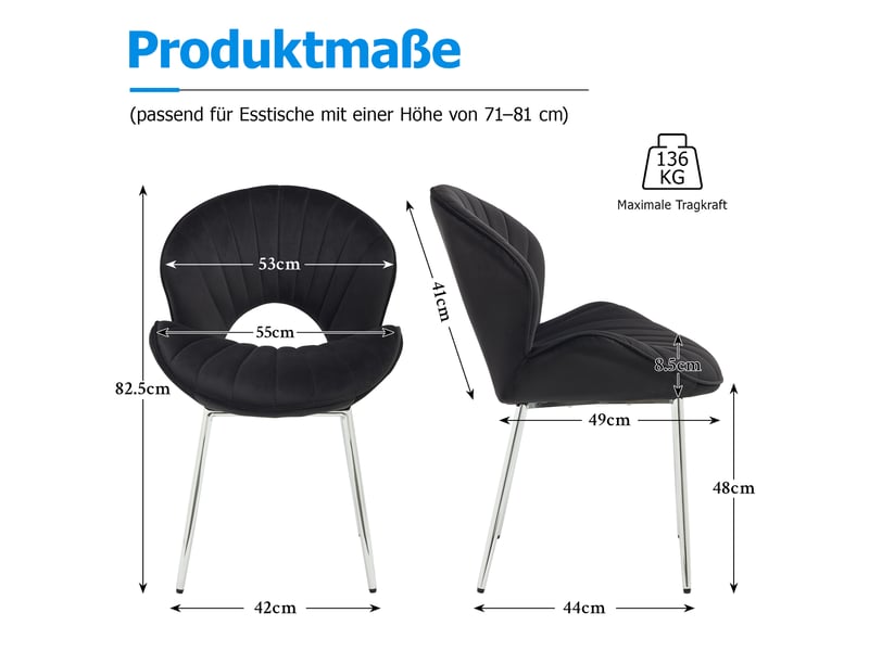  Chaises de salle à manger lot de 2 sans accoudoirs  - dossier incurvé, pieds métal argenté, velours noir  - Conforama D