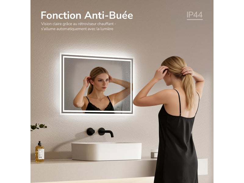 Emke miroir lumineux salle de bain 70x50cm,miroir led avec interrupteur à bouton,anti-buée,éclairage lumière blanche froidechaude - Conforama C