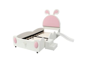 Lit enfant 90x200 cm tapissé pu avec toboggan et petites marches, tête de lit à oreilles de lapin blanc et rose