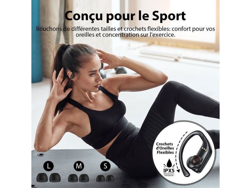  Ecouteurs bluetooth sport ipx7 noirs son stereo micro led 48h type-c  - Conforama E