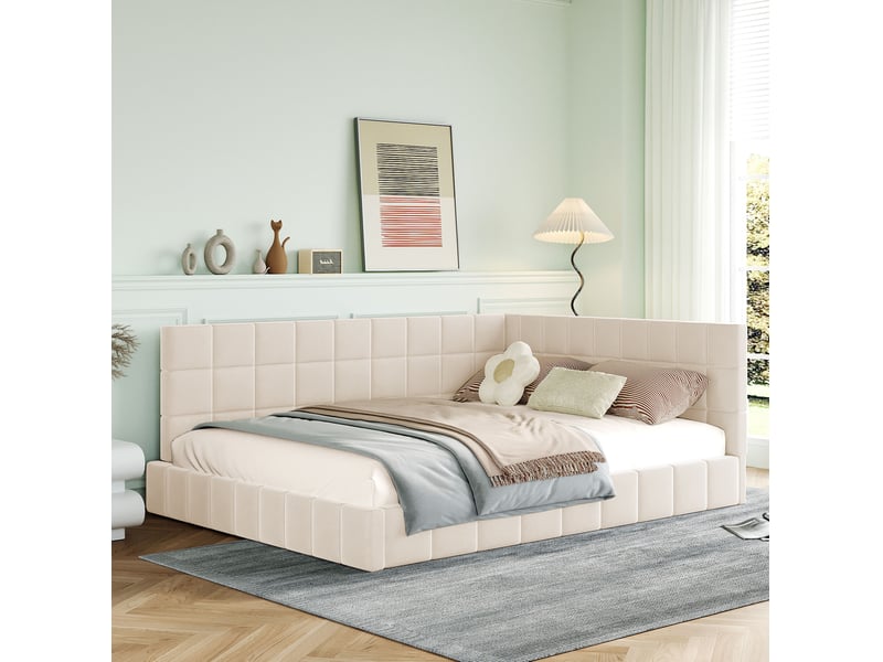  Lit banquette 140 x 200 cm beige en tissu, convertible en canapé avec sommier  - Conforama D