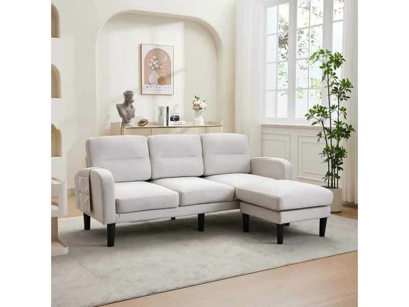  Canapé d’angle 3 places avec méridienne – modulable avec poches de rangement – 204 x 136 x 80 cm – beige  - Conforama D