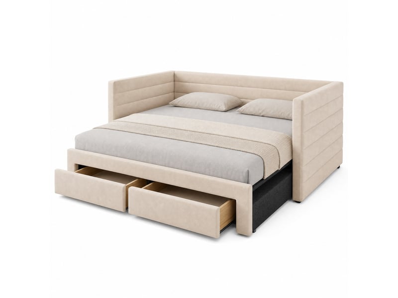  Lit 3-en-1 évolutif, 90x190 cm, espace nuit, avec tiroirs pratiques, matelas non inclus, mdf et métal, coloris beige  - Conforama A