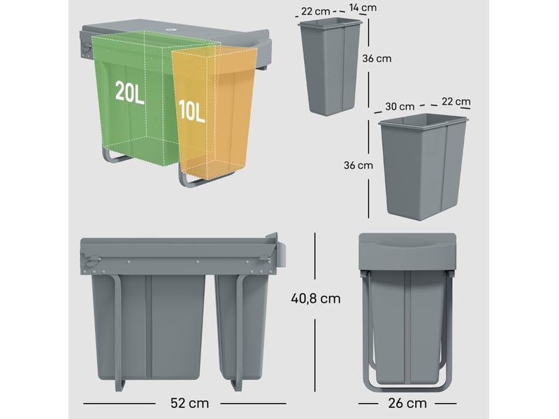  Poubelle encastrable tcqpz coulissante 30 l 20 l + 10 l 52 x 26 x 40,8 cm grise  - Conforama C