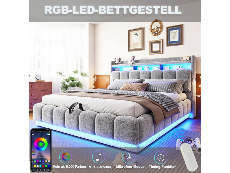  Lit coffre 180x200 cm, lit double, sommier à lattes, rangement hydraulique, led, métal gris, port usb  - Conforama E