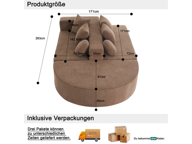 Canapé convertible, canapé 5 places avec 4 coussins carrés, 2 coussins ronds, en chenille, marron - Conforama C