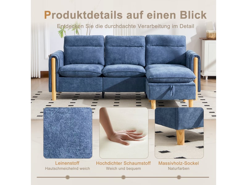 Canapé 3 places en chenille bleu avec coffre et poches latérales, structure en bois massif - Conforama D