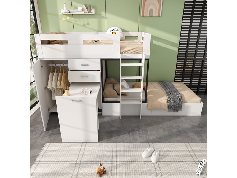  Lit superposé 90x200 cm, espace de rangement, avec bureau escamotable et garde-robe, mdf, couleur blanc, sans matelas  - Conforama D