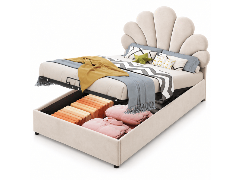  Lit coffre enfant rembourré 1 place 90x200 cm avec rangement hydraulique, tête de lit fleur réglable en hauteur, sommier à lattes, velours beige  - Conforama A