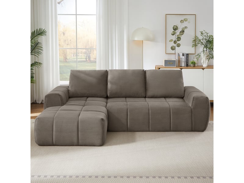  Canapé d'angle en velours côtelé convertible 4 places taupe - sans montage et coussins amovibles  - Conforama R