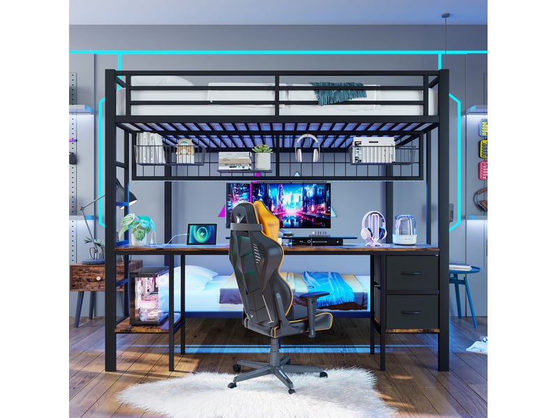  Lit superposé enfant 140x200 cm avec bureau led et rangements noir  - Conforama B