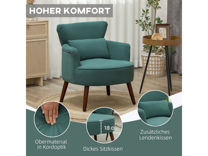  Fauteuil d'accent 69x69.5x78cm – fauteuil lounge individuel avec coussin lombaire et pieds en bois massif – velours côtelé - vert foncé  - Conforama E