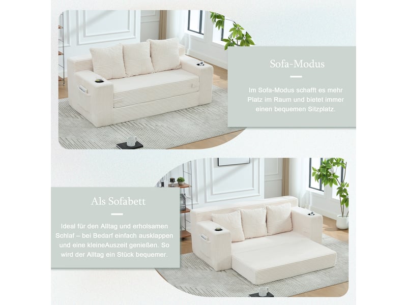  Canapé 3 places en velours côtelé, sans montage, design modulaire, porte-gobelets, rangements latéraux, 172×87×64 cm  - Conforama R