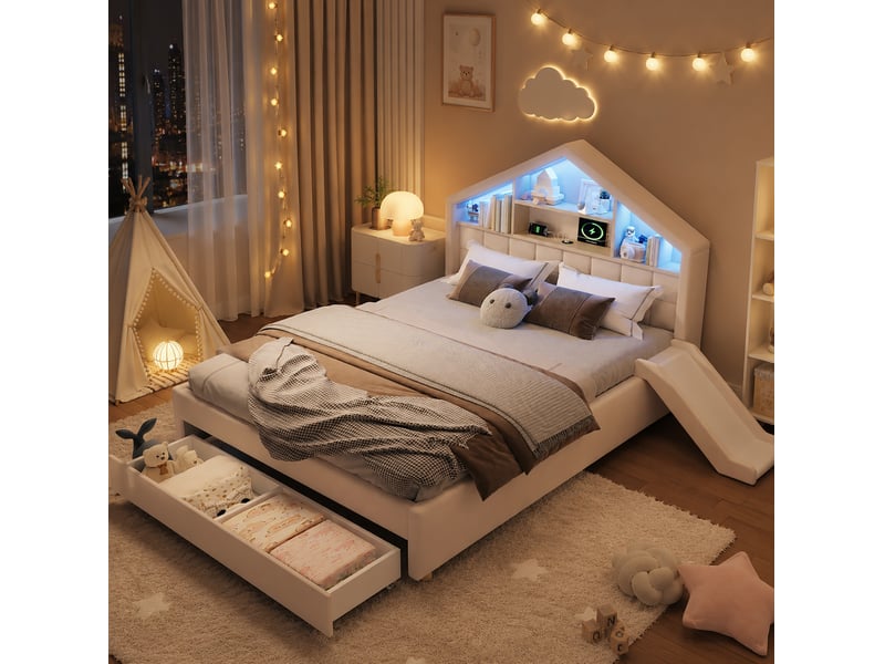  Lit enfant 140x200 cm beige avec toboggan réversible, led, rangement et prise  - Conforama B