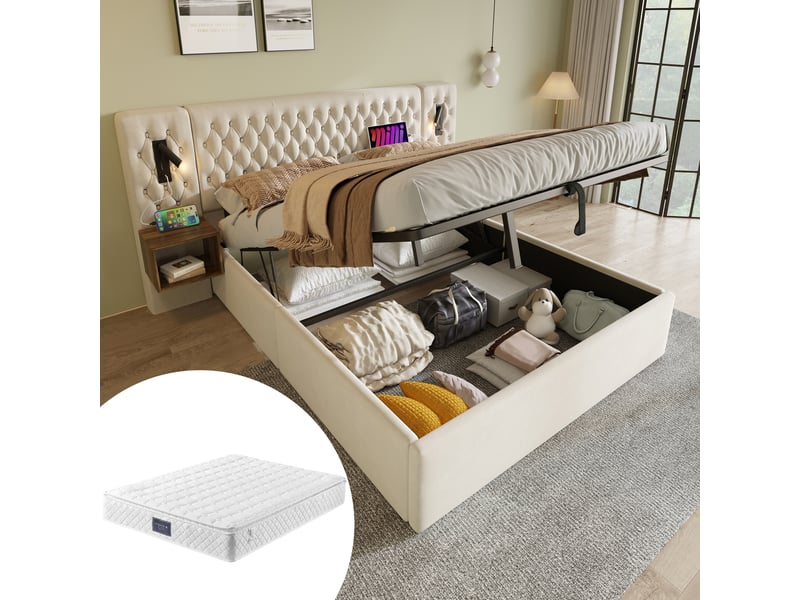 Lit coffre,160x200 cm,avec matelas, 2 chevets, usb et lampes,velours,beige - Conforama B