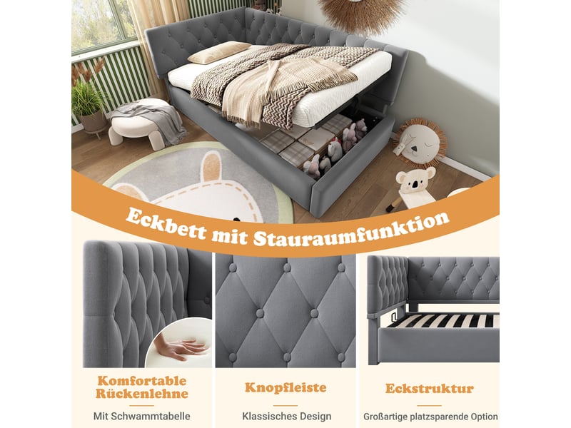  Lit banquette 90x200 lit coffre hydraulique canapé lit velours gris avec sommier  - Conforama D