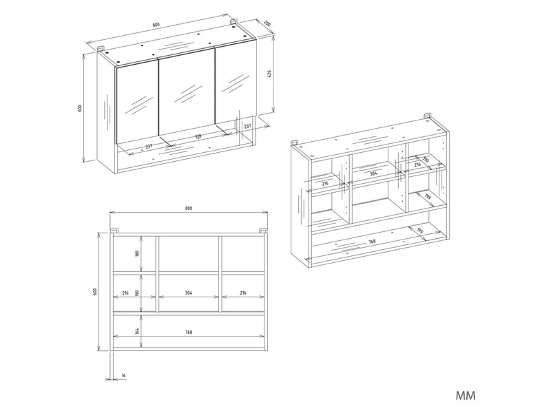  Pola 3dlp - meuble de salle de bain suspendu avec 3 miroirs et 3 portes, 7 étagères - blanc  - Conforama C