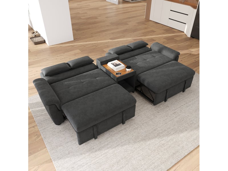  Canapé convertible 284x138x89 cm, deux porte-gobelets, dossier 3 positions, double couchage, chenille, gris foncé  - Conforama E
