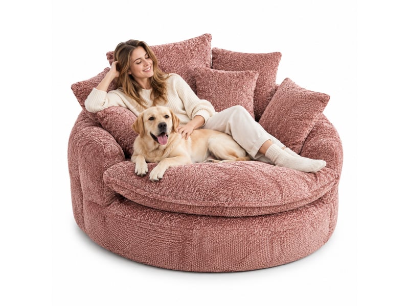 Fauteuil lounge géant 190,5 x 138 x 63 cm rose, mousse et tissu polyester, dossier réglable et coussin - Conforama A
