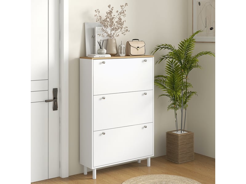  Meuble à chaussures 24 paires, armoire à chaussures étroite avec 3 tiroirs rabattables, étagères réglables, blanc  - Conforama C