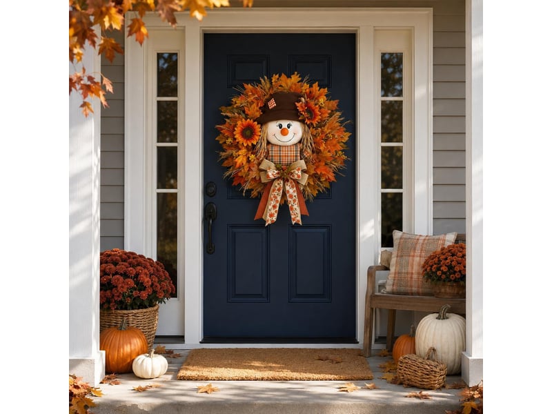  45cm décoration automne porte avec épouvantail, couronne en bois feuilles d’érable, plaque bienvenue pour maison  - Conforama C