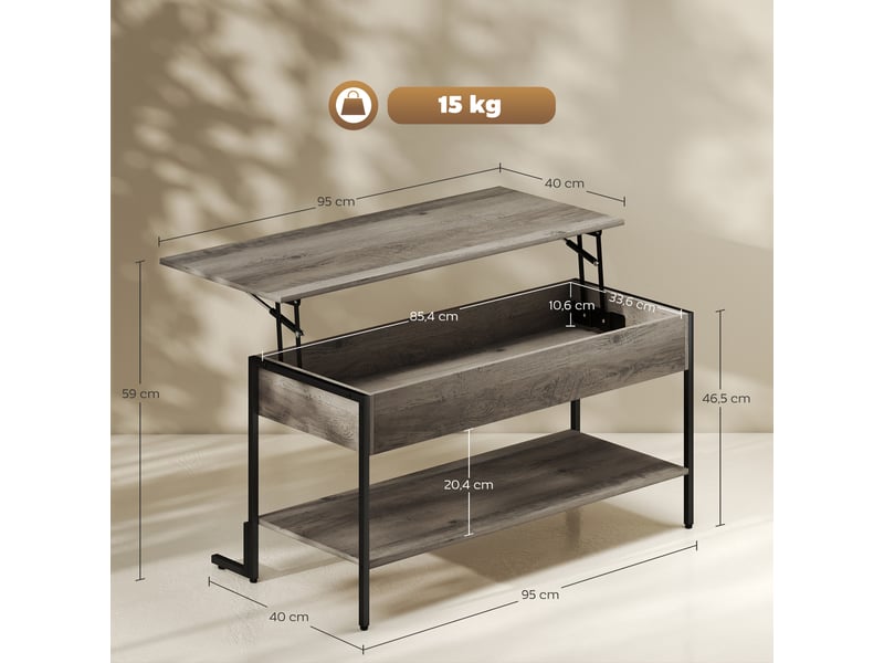  Table basse avec plateau relevable, table de salon avec compartiment caché et étagère ouverte, gris, 95x40x59cm  - Conforama C